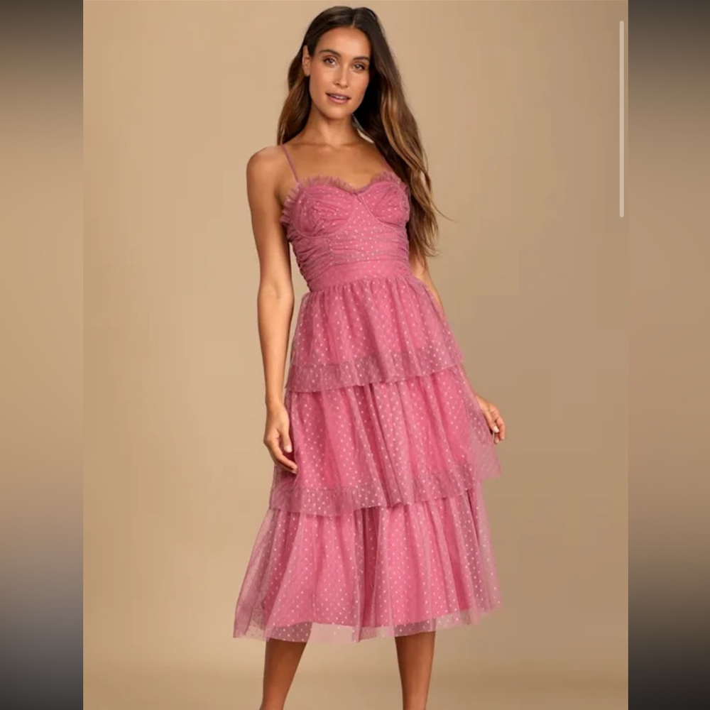 (Price Firm) Sweetheart Style Mauve Polka Dot Bustier Tiered Midi Dress